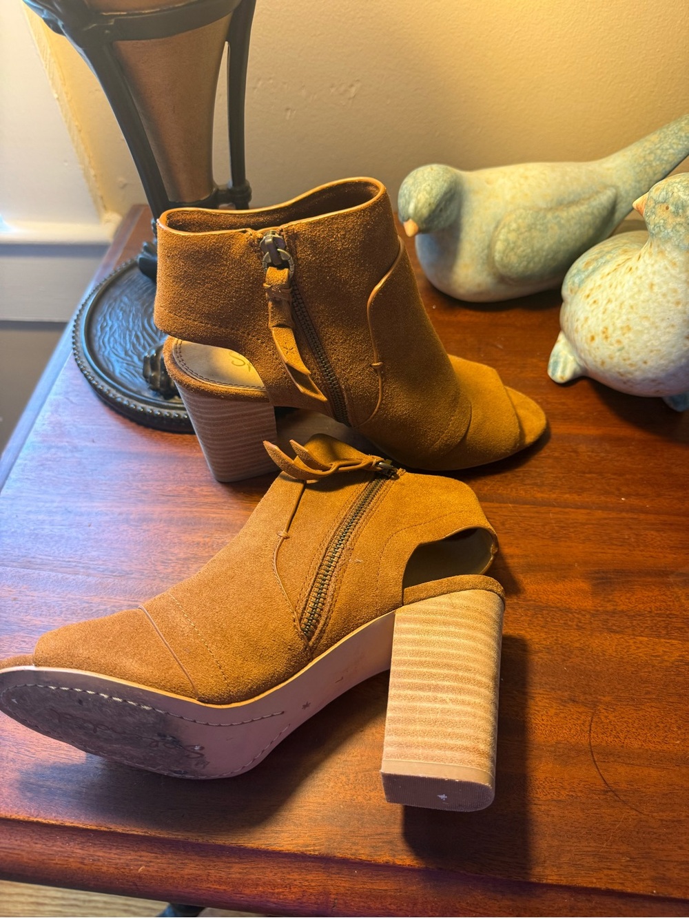 Splendid Tan Suede Peep-Toe Stacked Heel Ankle Boots - Picture 2 of 11